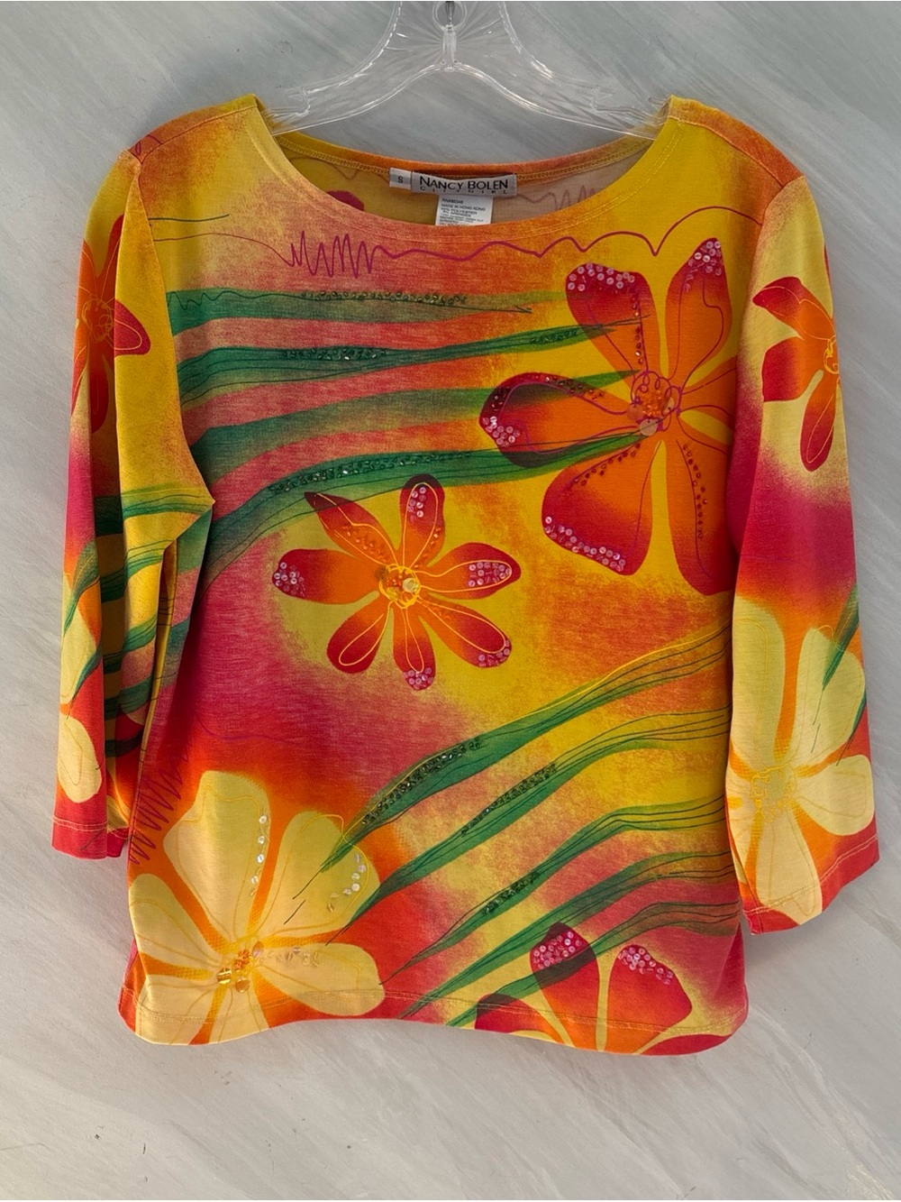 VTG Nancy Bolen S City Girl Yellow Floral Beaded Top Tropical Beachy